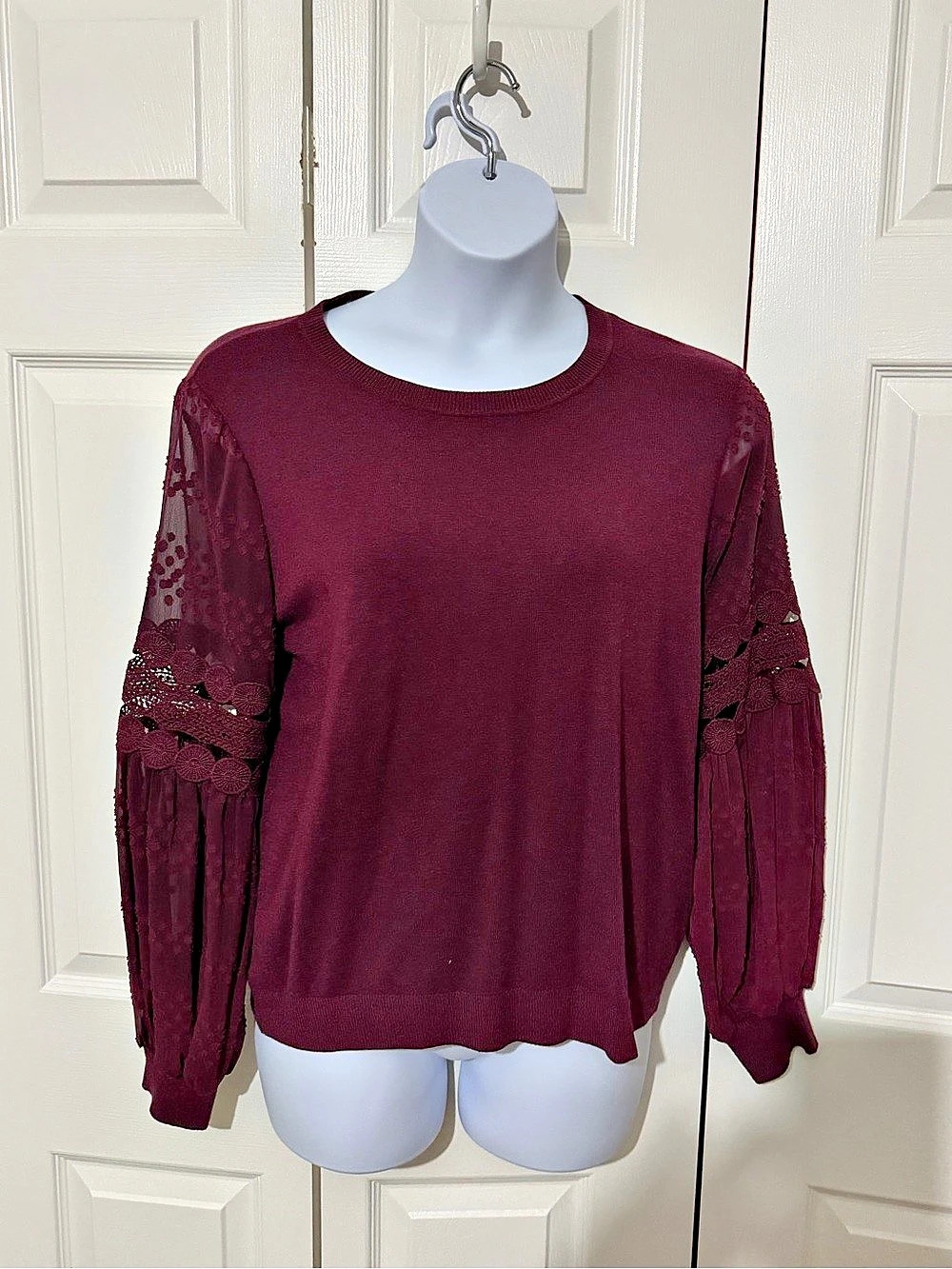 Sioni Milano Burgundy Sheer Sleeve Sweater Lace Sleeve Sweater XL